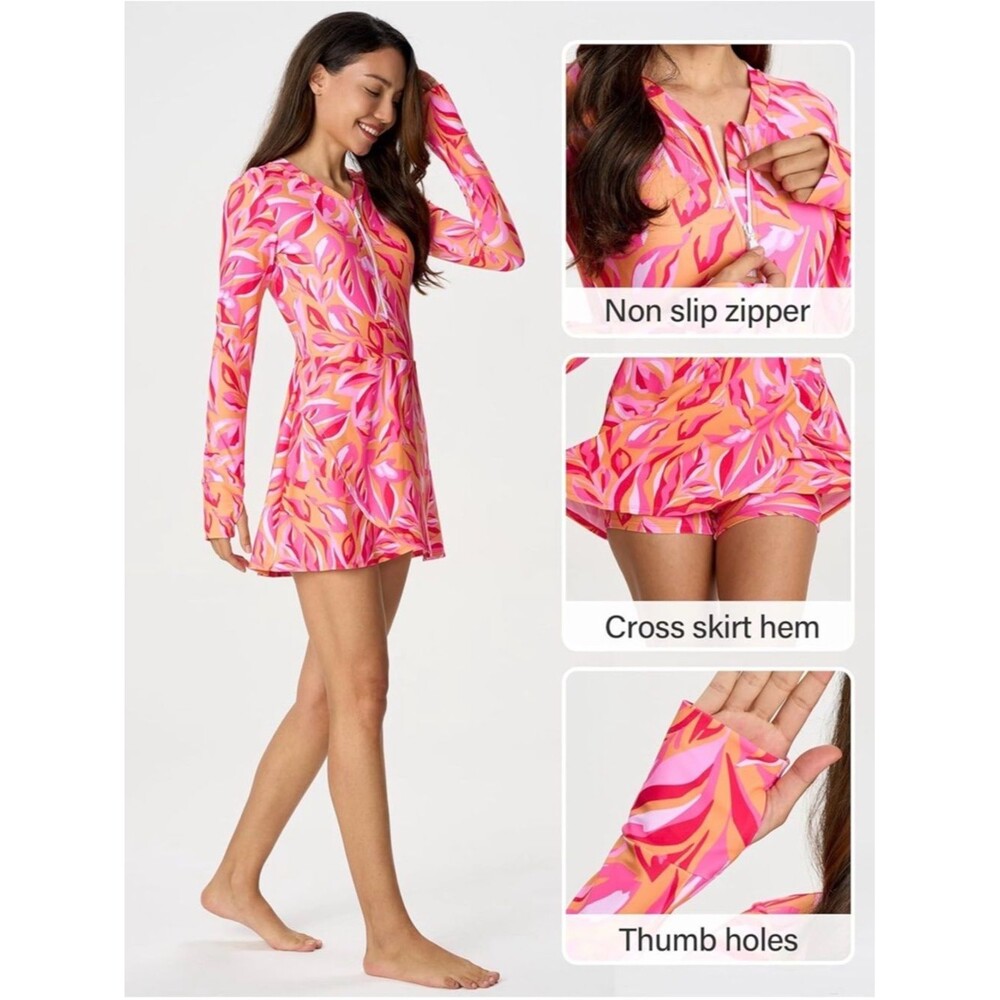 Cagola Rash Guard Swimsuit Long Sleeve Swim Dress Bra Pockets Pink Orange S NWT - Picture 7 of 9